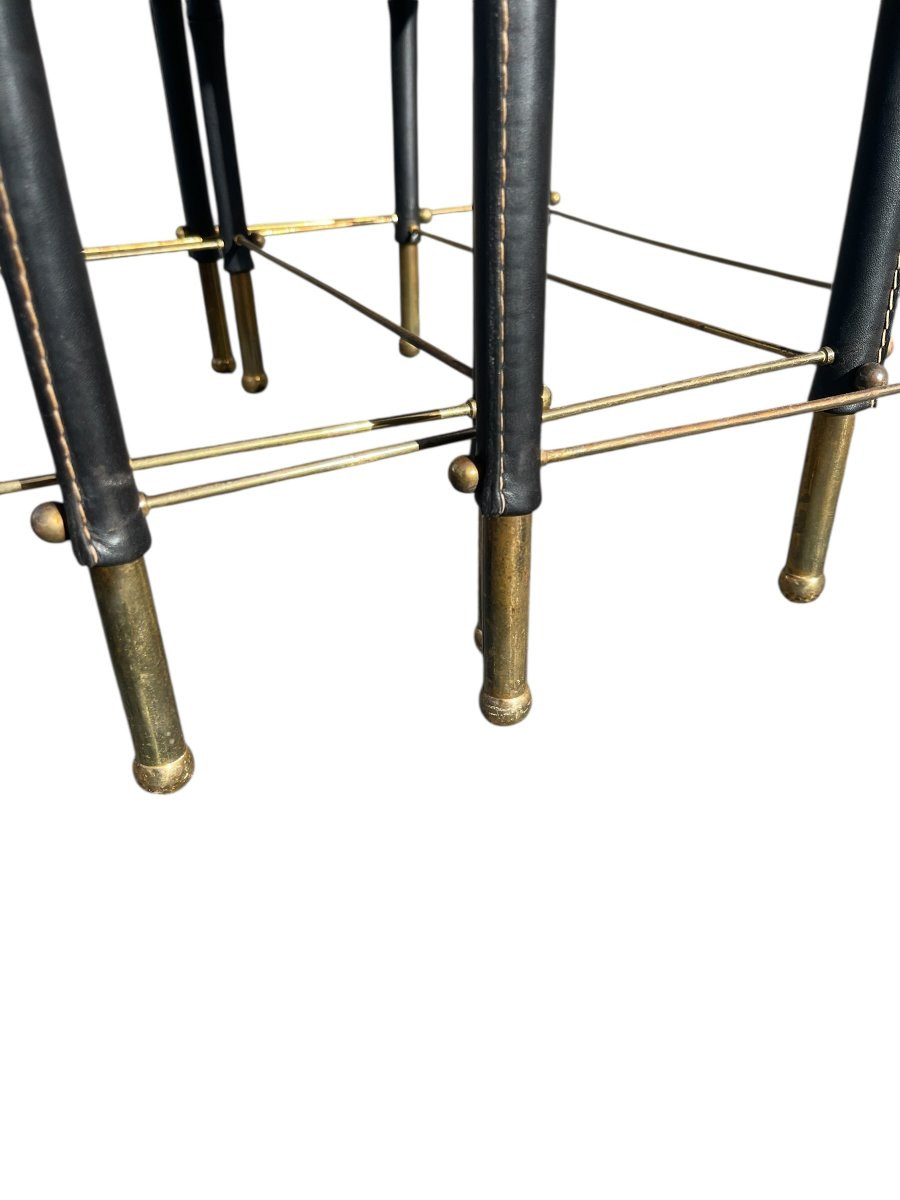 Set Of Nesting Tables Upholstered In Leather And Brass By Jacques Adnet-photo-3