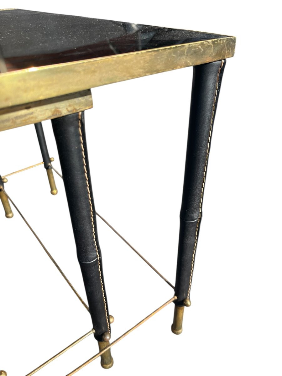 Set Of Nesting Tables Upholstered In Leather And Brass By Jacques Adnet-photo-4