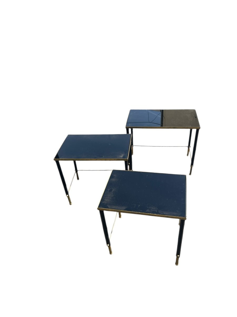 Set Of Nesting Tables Upholstered In Leather And Brass By Jacques Adnet-photo-1
