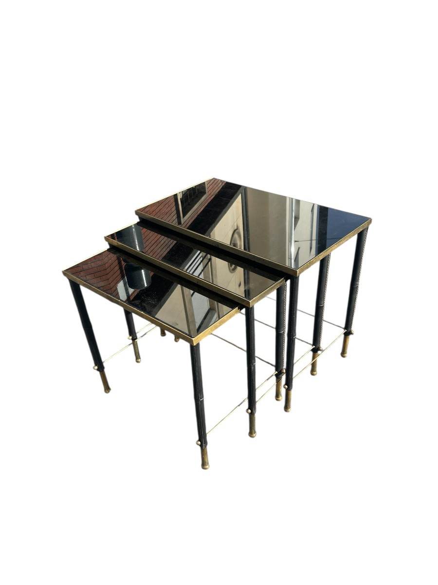 Set Of Nesting Tables Upholstered In Leather And Brass By Jacques Adnet