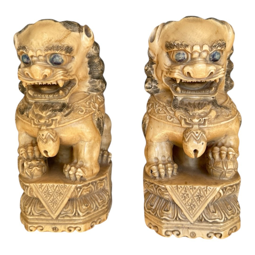 Paire de chiens de Fo en ivoire-photo-3