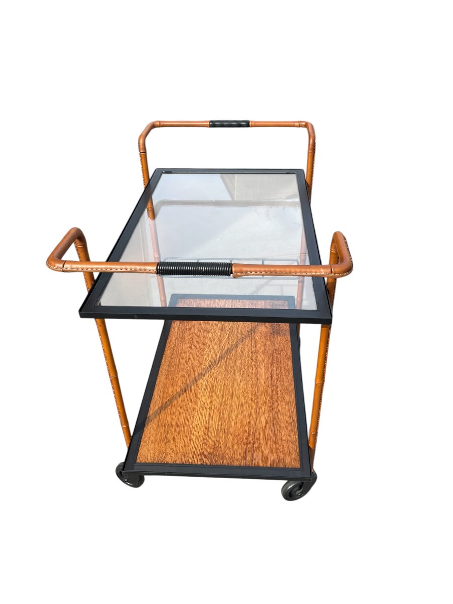 Stitched Leather Bar Cart By Jacques Adnet-photo-2
