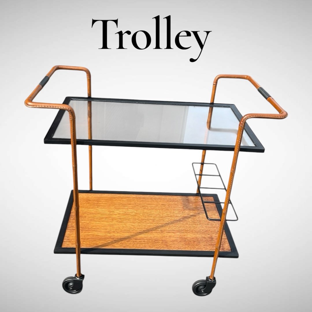 Stitched Leather Bar Cart By Jacques Adnet-photo-2