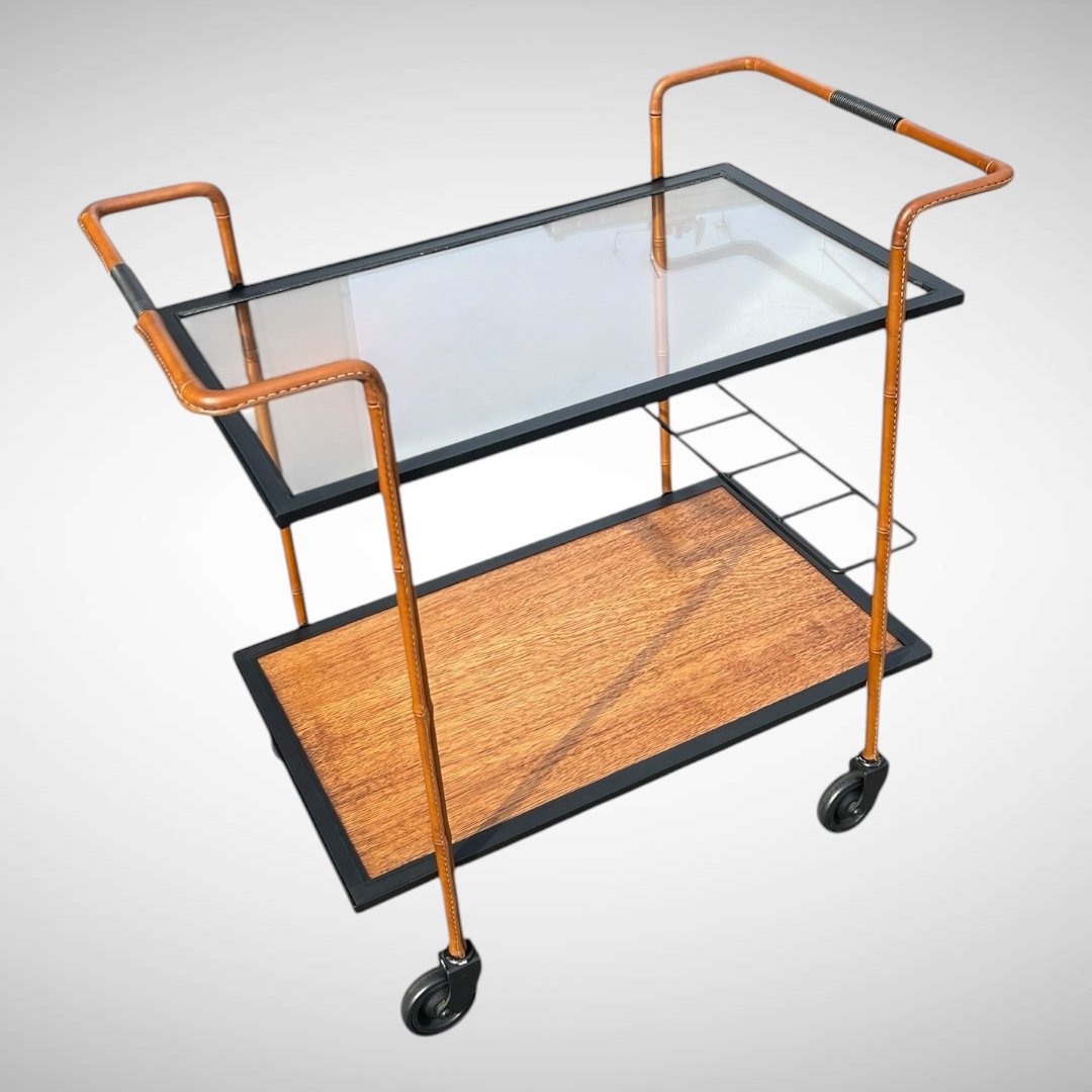 Stitched Leather Bar Cart By Jacques Adnet-photo-3