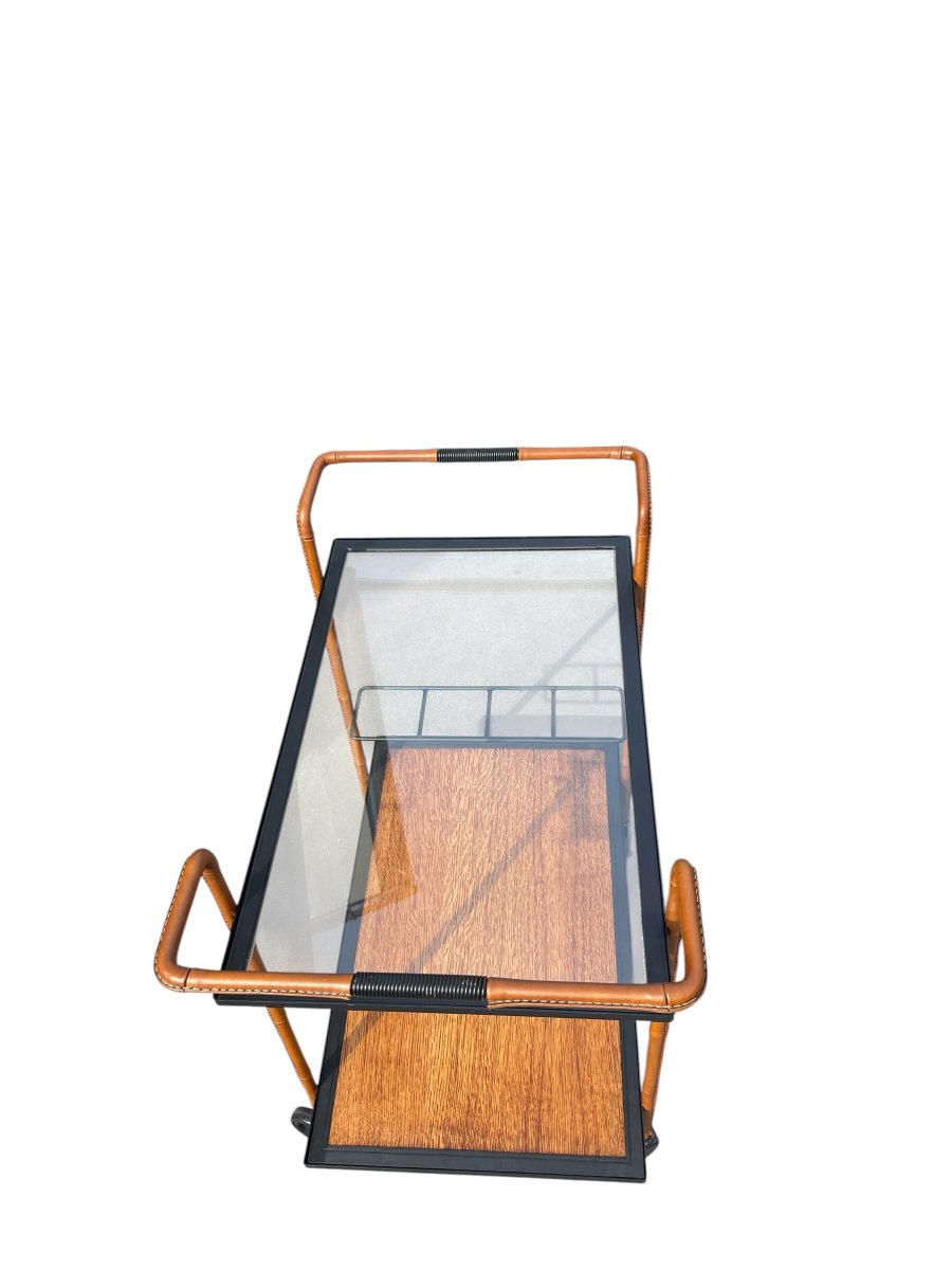 Stitched Leather Bar Cart By Jacques Adnet-photo-4