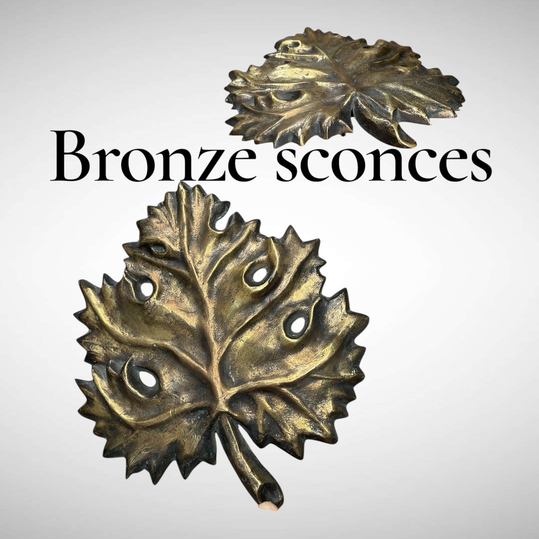 Paire d'appliques "feuilles " en bronze vers 1960-photo-2