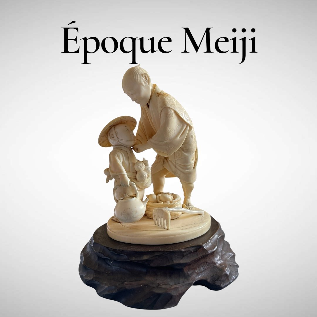 Ivory Sculpture Of A Father And Child, Japanese, Meiji Period-photo-2