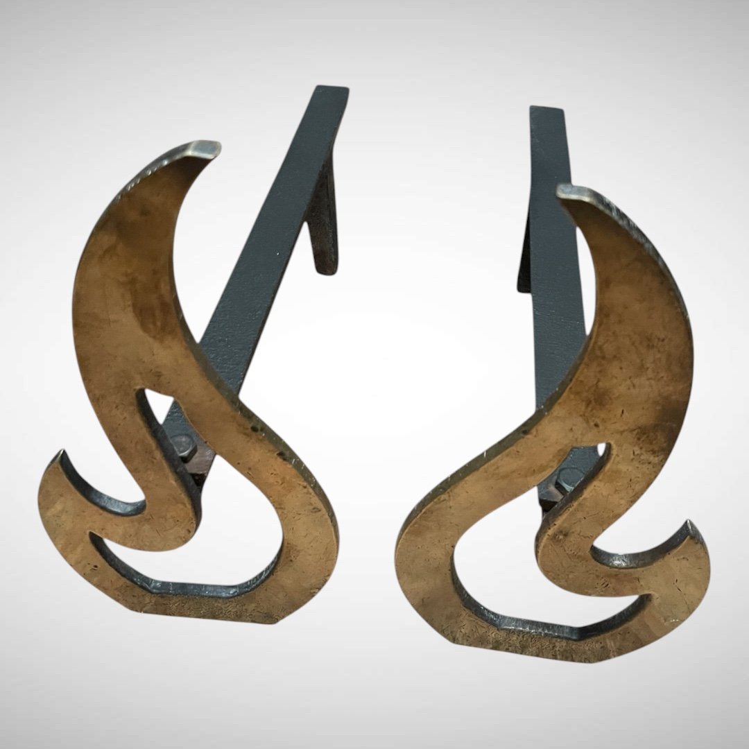 Pair Of Bronze Flame-shaped Andirons, Circa 1960-photo-2