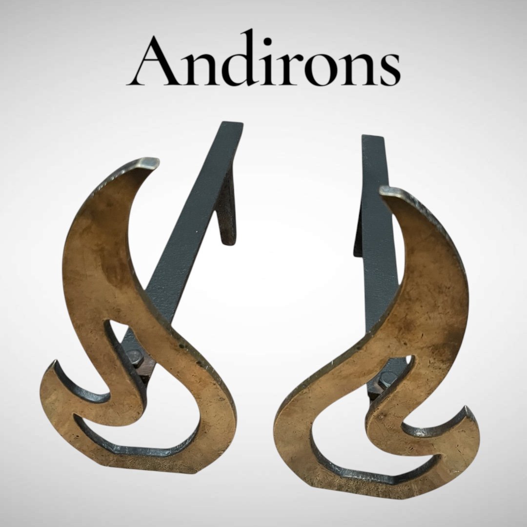 Pair Of Bronze Flame-shaped Andirons, Circa 1960-photo-3