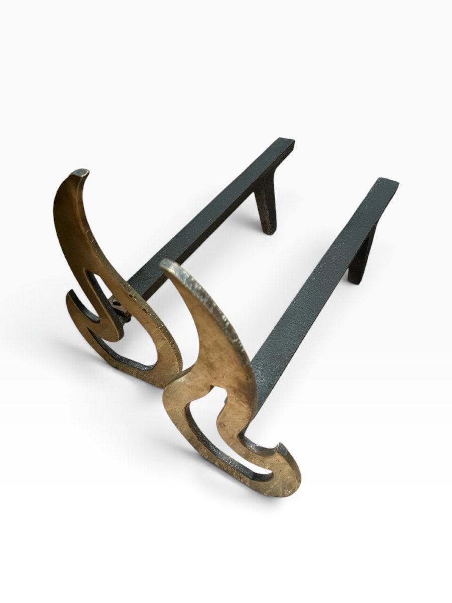 Pair Of Bronze Flame-shaped Andirons, Circa 1960-photo-4