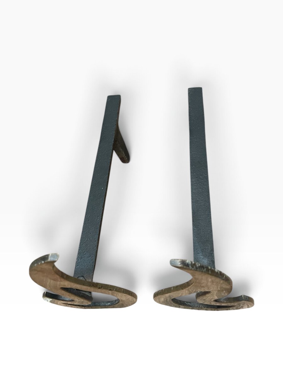 Pair Of Bronze Flame-shaped Andirons, Circa 1960-photo-2