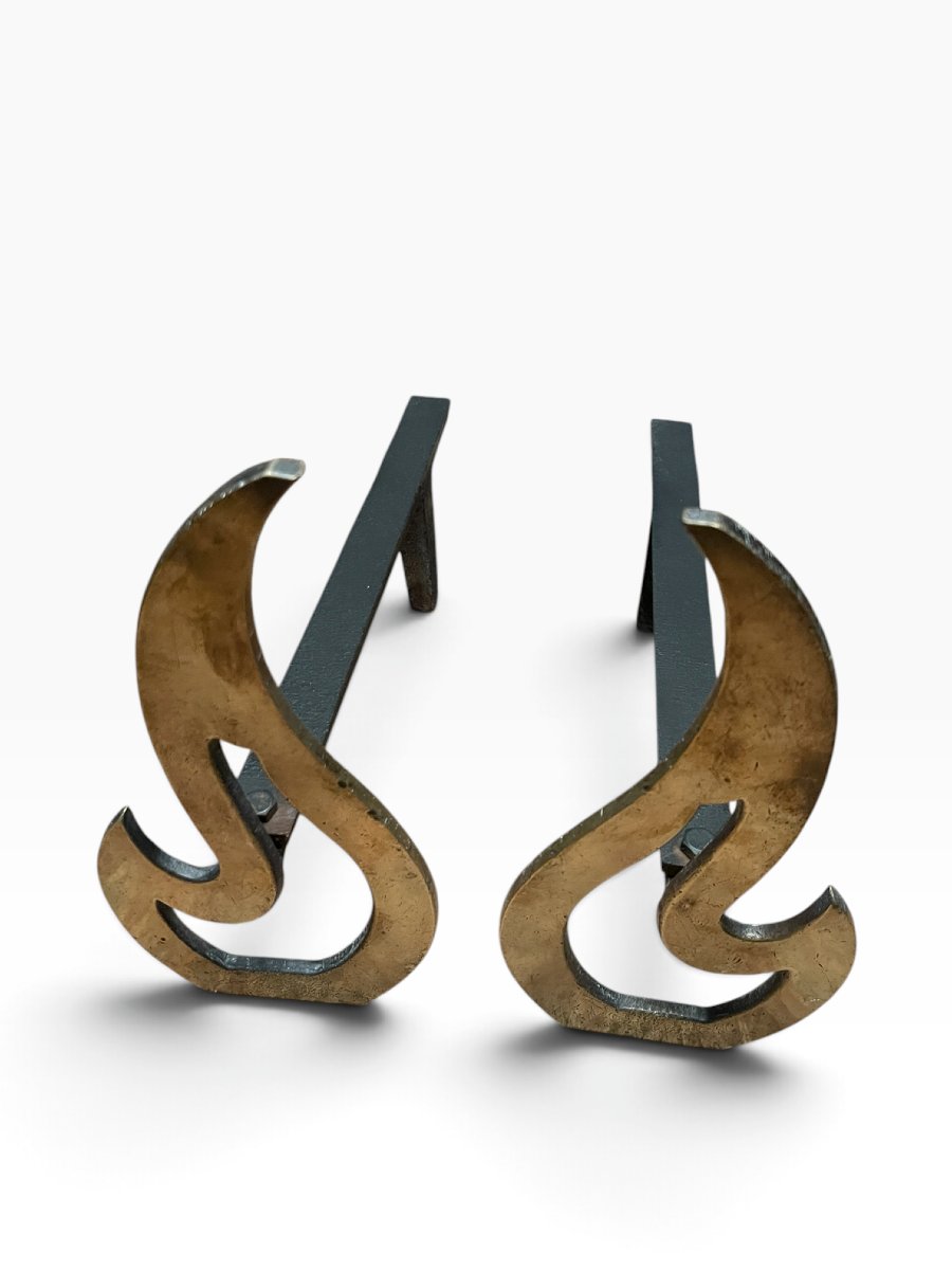 Pair Of Bronze Flame-shaped Andirons, Circa 1960