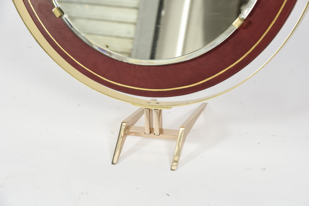 Leather Table Mirror Attributed To Maison Raphael-photo-2