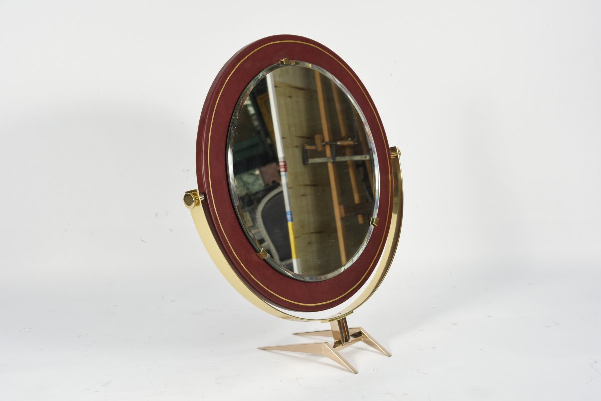 Leather Table Mirror Attributed To Maison Raphael-photo-3