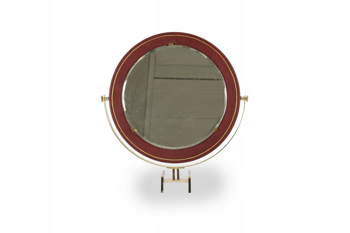 Leather Table Mirror Attributed To Maison Raphael