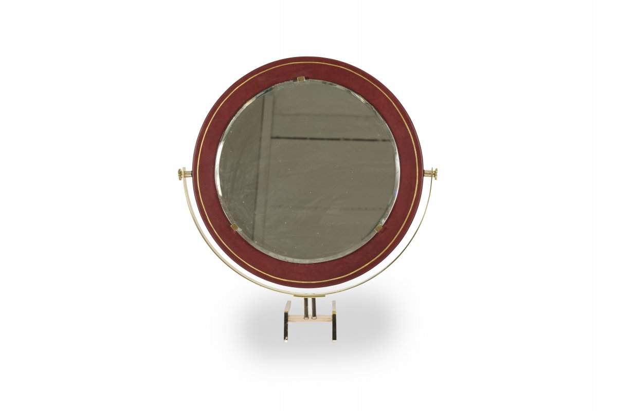 Miroir de table gainé cuir  attribué à la maison Raphael Decoration