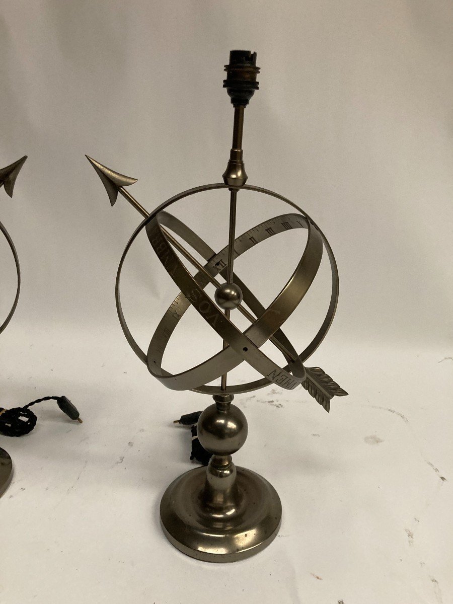 Paire De Lampes Astrolabe En Laiton Patiné-photo-4