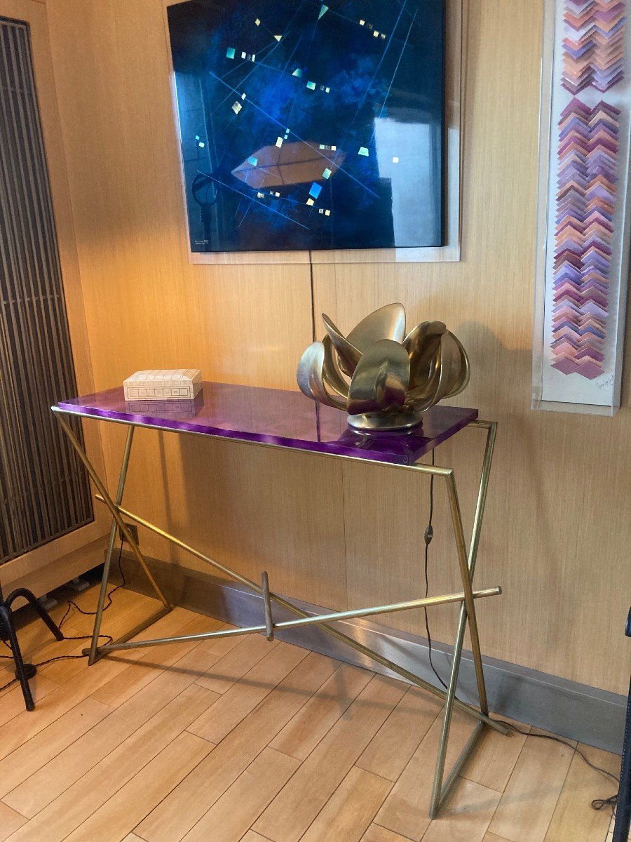 Brass Console And Lacquered Wood Top Circa 1970-photo-3