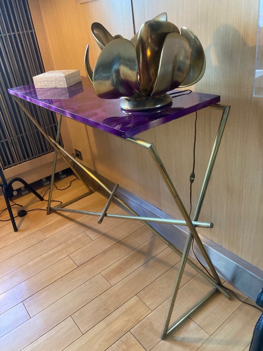 Brass Console And Lacquered Wood Top Circa 1970-photo-5