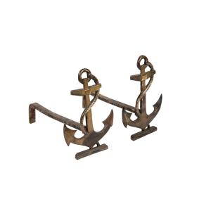 Pair Of Andirons In Bronze Representing An Anchor