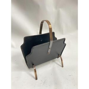Magazine Rack Entirely Sheathed In Leather By Jacques Adnet