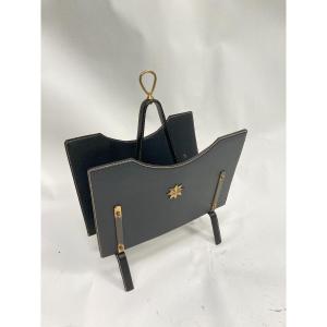 Saddle Stitched Leather Magazine Rack By Jacques Adnet