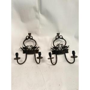 Pair Of Wrought Iron Sconces Around 1940