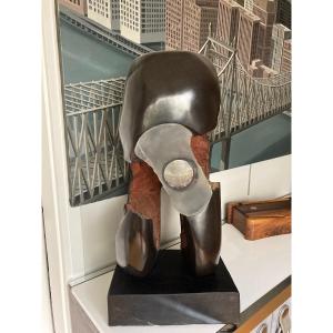Abstract Sculpture In Bronze And Glass Signed Marc Le Pilleur