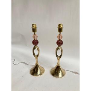 Paire De Lampes En Bronze Et  Verre 