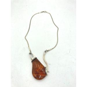Designer Necklace In Silver And Amber 