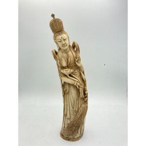 Beautiful Carved Ivory Representing A Goddess With Water Lily Flowers