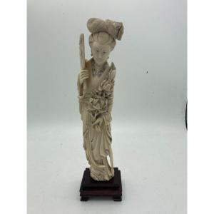 Beautiful Ivory Sculpture Representing A Chinese Woman With A Fan