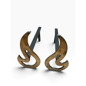 Pair Of Bronze Flame-shaped Andirons, Circa 1960