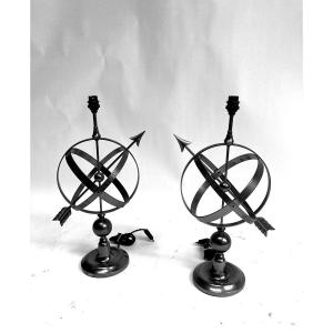 Pair Of Astrolabe Lamps In Patinated Brass