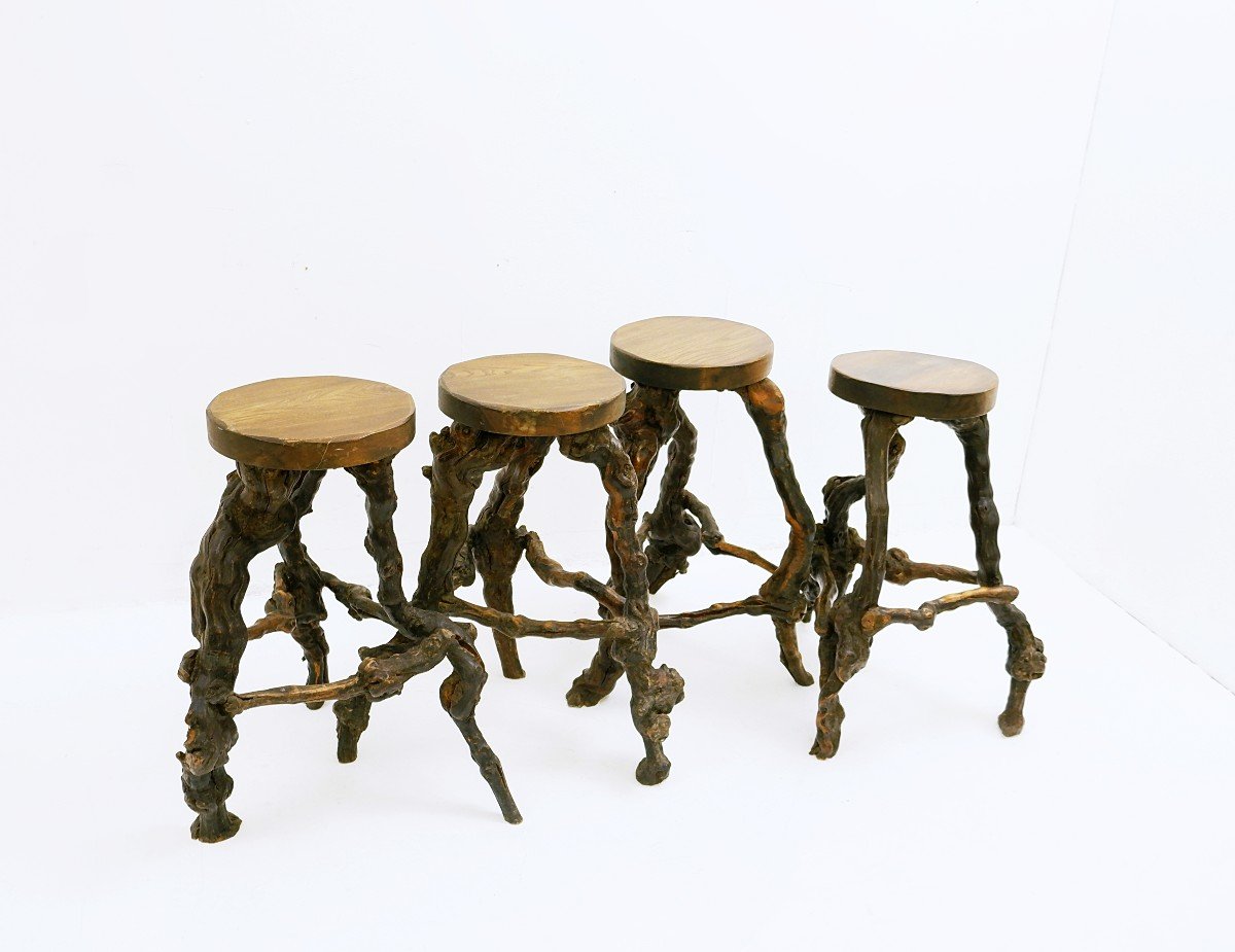 Primitive Stools With Round Slab Seat And Legs Constructed From Vines - Set Of 4-photo-2