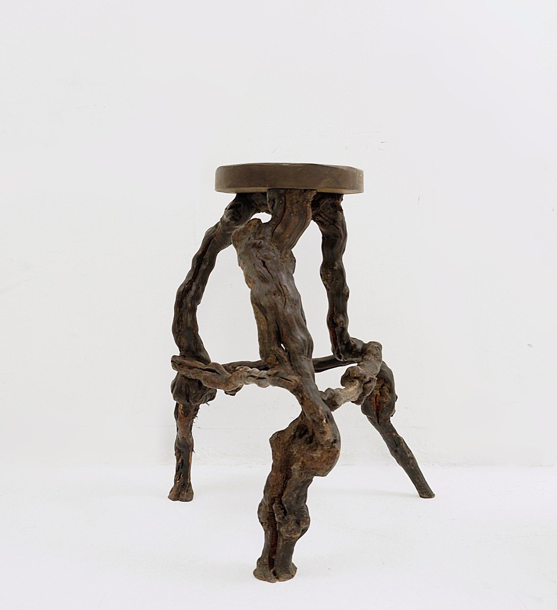 Primitive Stools With Round Slab Seat And Legs Constructed From Vines - Set Of 4-photo-4