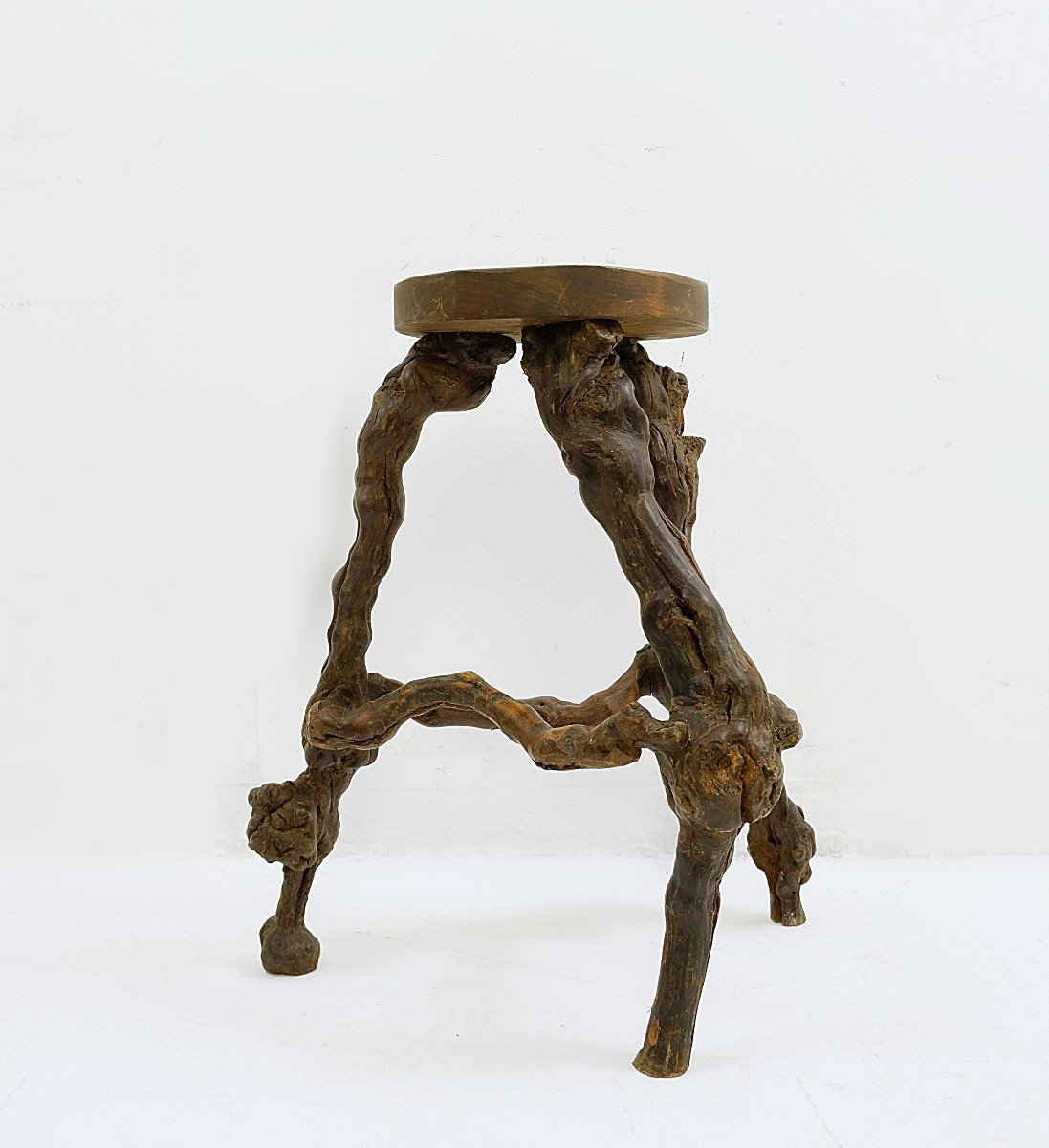 Primitive Stools With Round Slab Seat And Legs Constructed From Vines - Set Of 4-photo-5