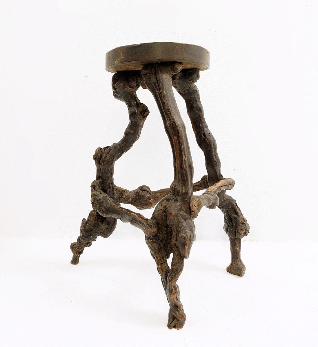 Primitive Stools With Round Slab Seat And Legs Constructed From Vines - Set Of 4-photo-6