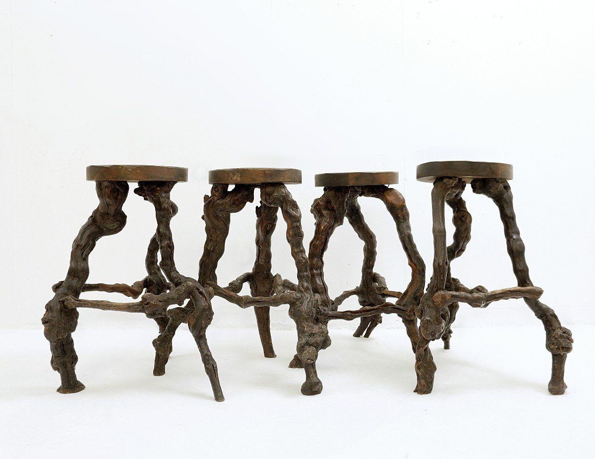 Primitive Stools With Round Slab Seat And Legs Constructed From Vines - Set Of 4