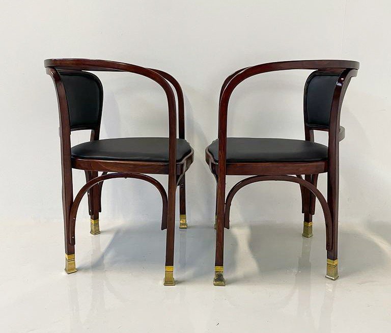 Pair De Chaises N°715 De Gustav Siegel Pour Kohn, Cuir Et Bois, Autriche , 1900's.-photo-2