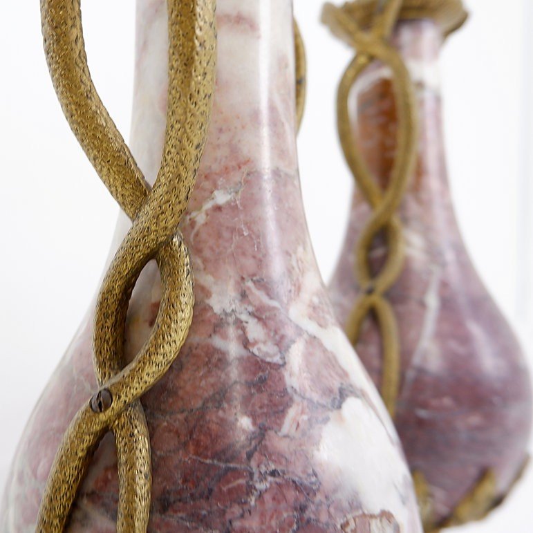 Pair Of Louis XVI Style Cassolettes In Marble And Bronze With Snake Motif-photo-3