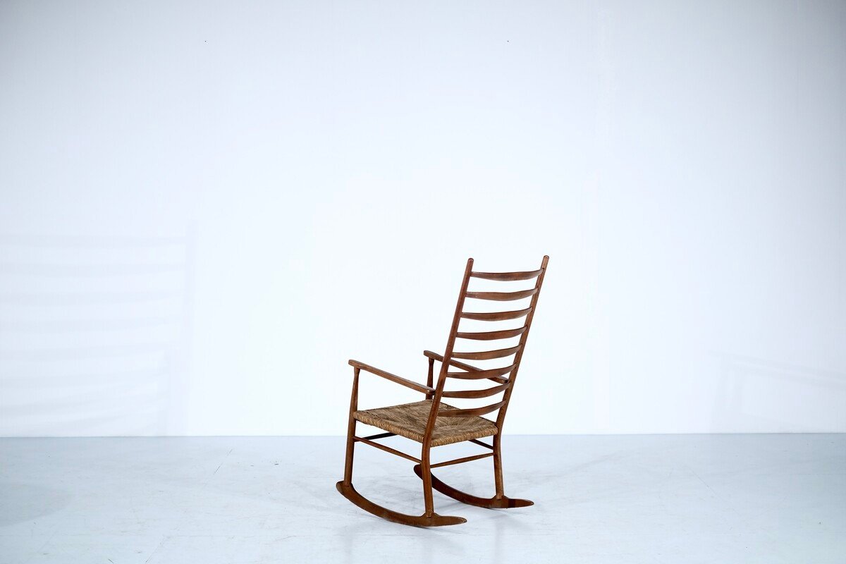 Mid-century Scandinavian Rocking Chair In Wood And Rope-photo-3