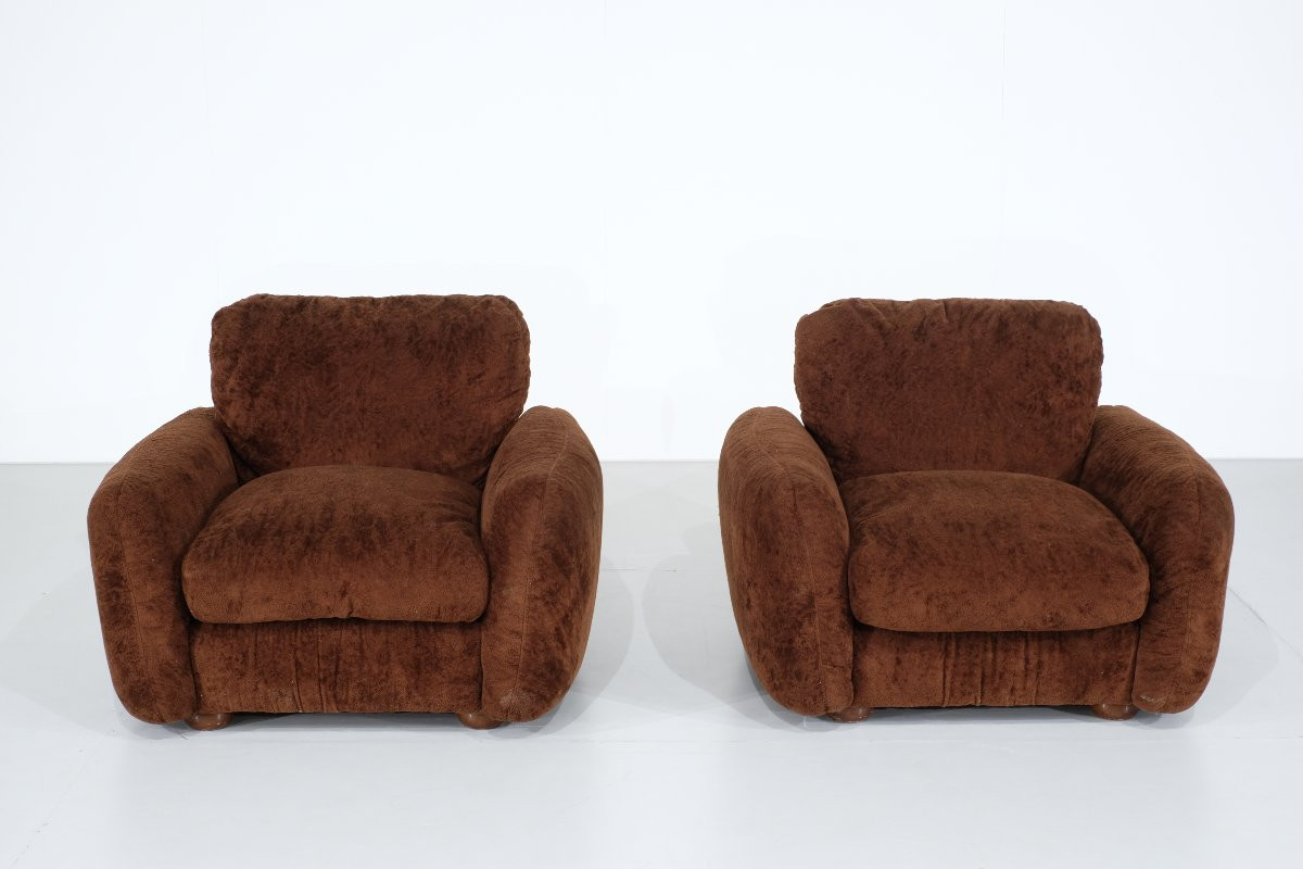 Pair Of Brown Fabric Armchairs, Italy - 1970s-photo-2