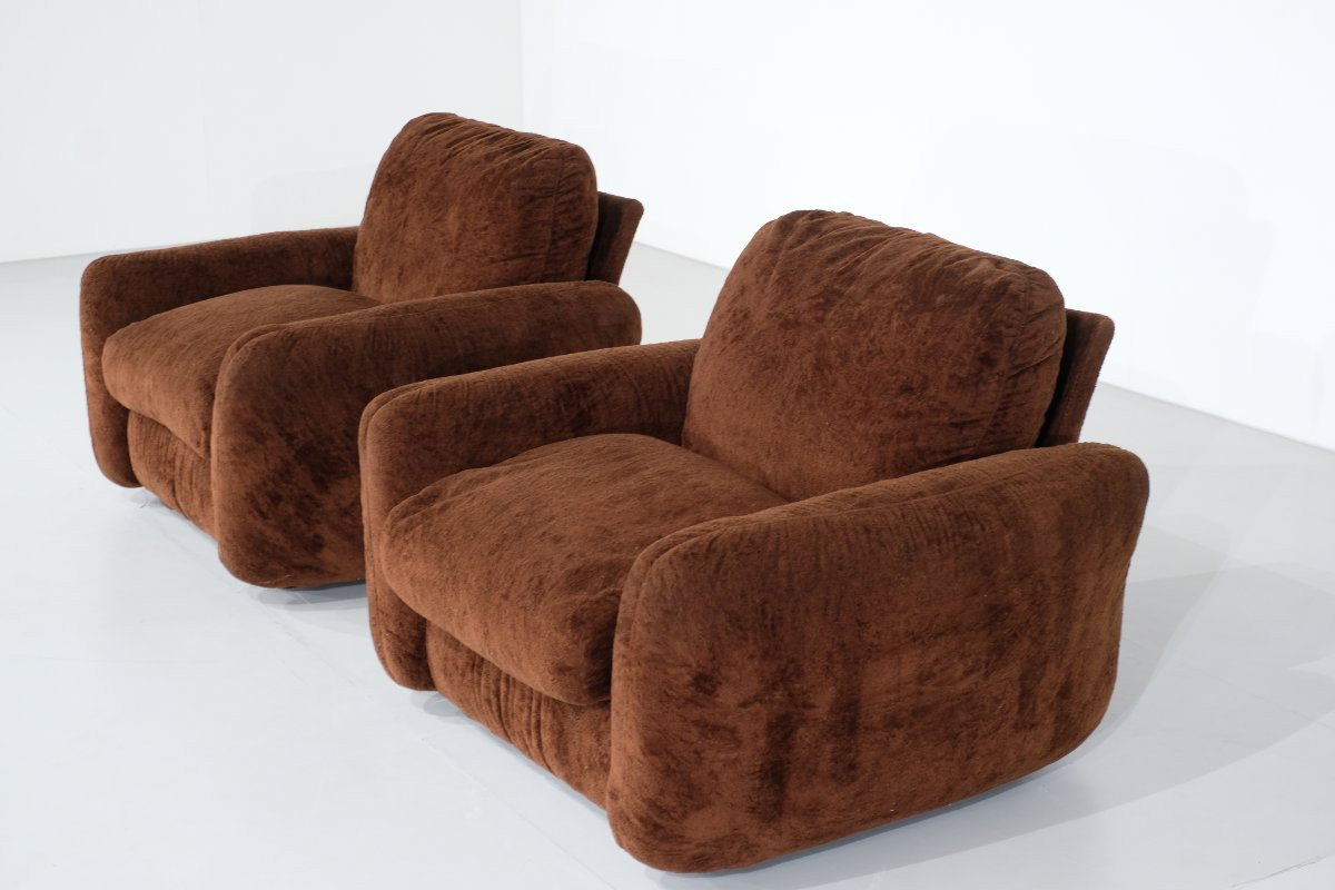 Pair Of Brown Fabric Armchairs, Italy - 1970s-photo-3