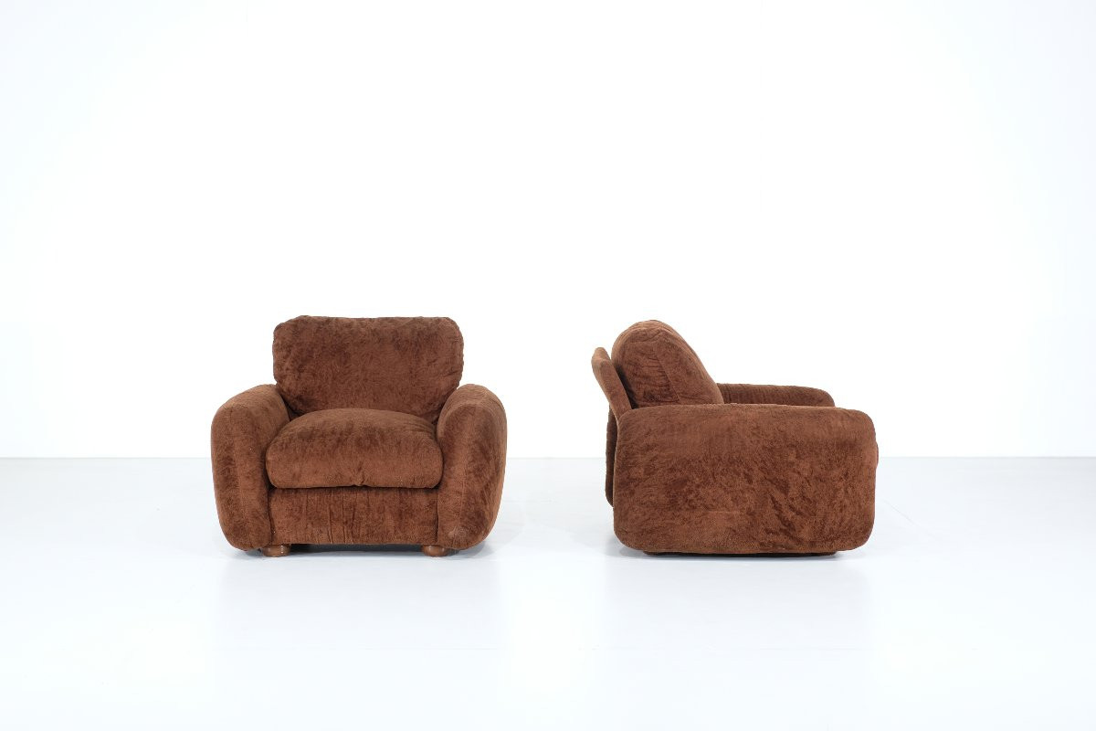 Pair Of Brown Fabric Armchairs, Italy - 1970s-photo-6
