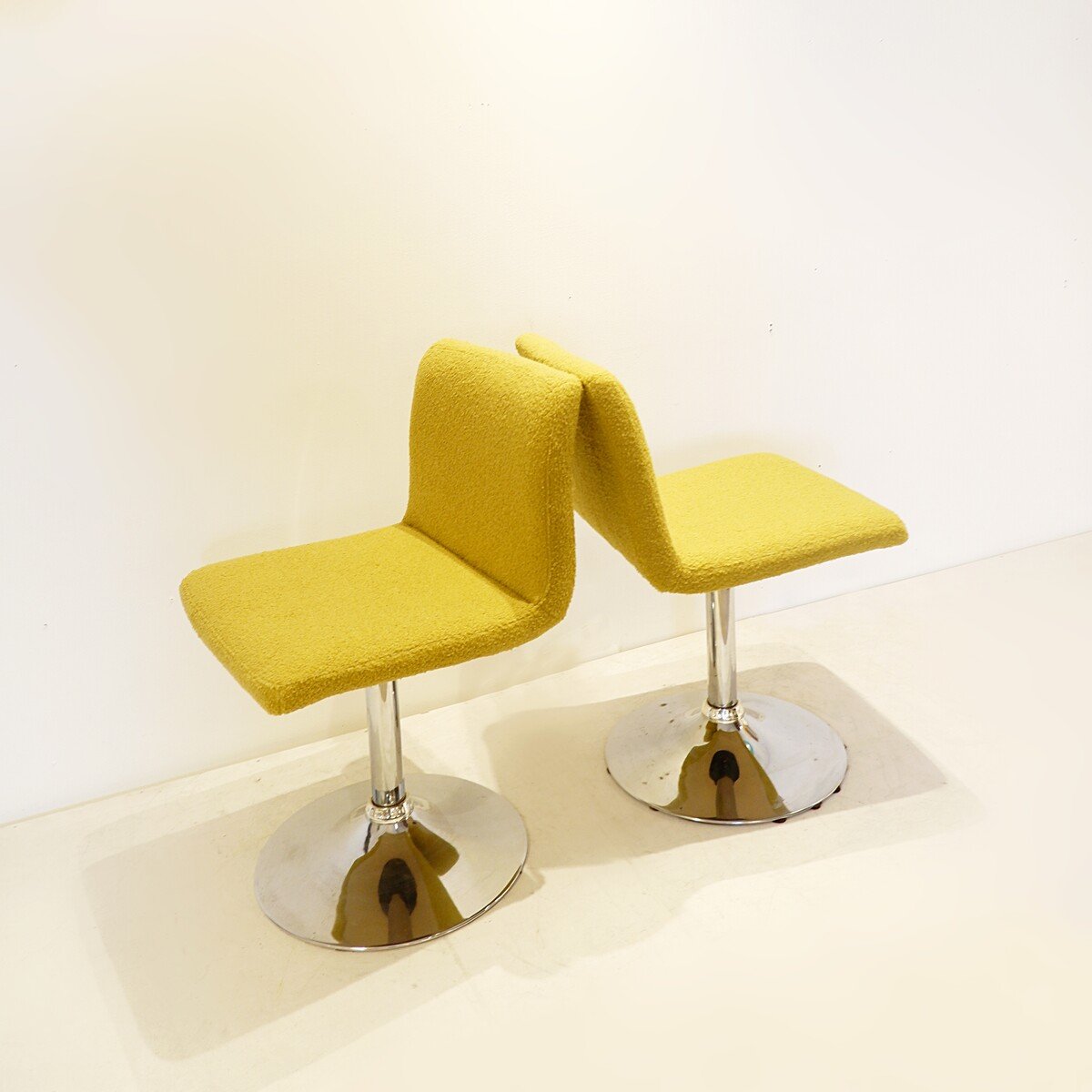 Pair Of Swivel Chairs - Reupholstered In Yellow Bouclette-photo-2