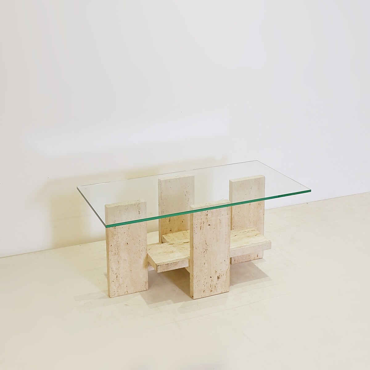 Glass And Travertine Coffee Table By Willy Ballez - 1970s
