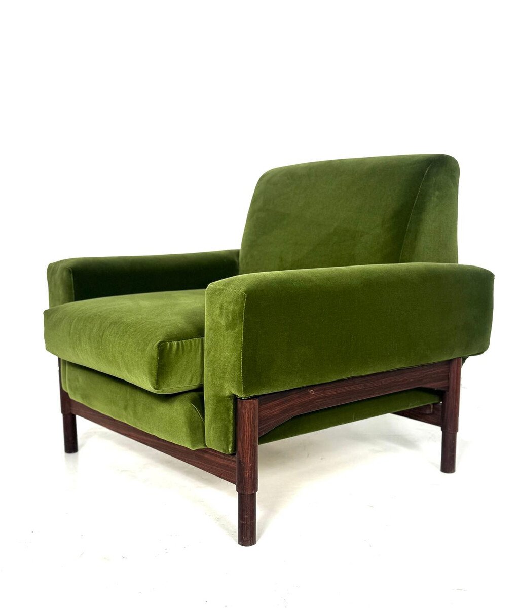 Paire de fauteuils mid-century modern, bois et velours vert - 1960s-photo-2