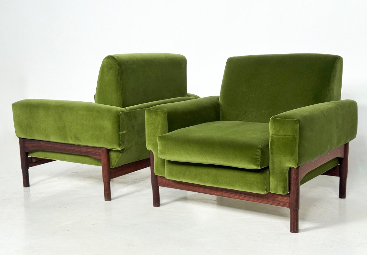 Paire de fauteuils mid-century modern, bois et velours vert - 1960s-photo-4