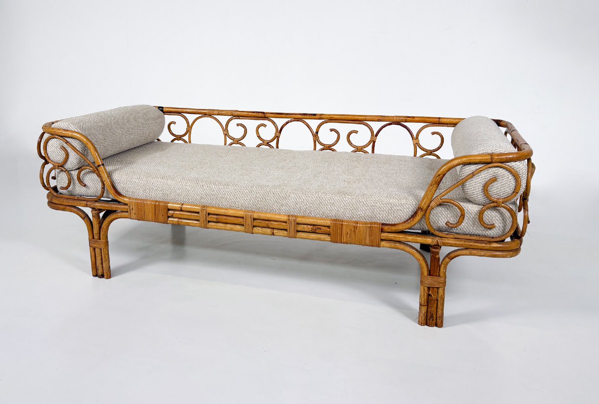 Mid-century Modern Bamboo Daybed, New Upholstery - Italy 1950s-photo-2